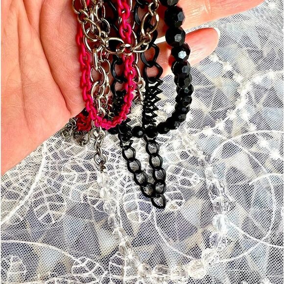 Long Multichain & Bead Necklace Black White Pink - Picture 9 of 9